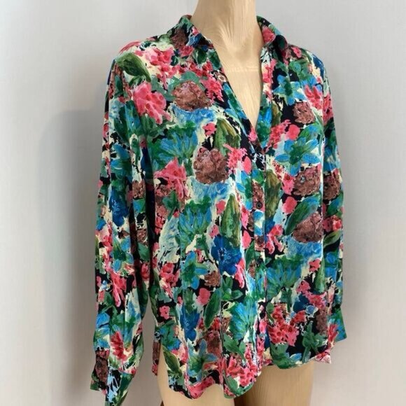 Zara Women's M Blue Pink Pastel Watercolor Button Down Shirt Top Hawaiian Beach - Picture 8 of 14